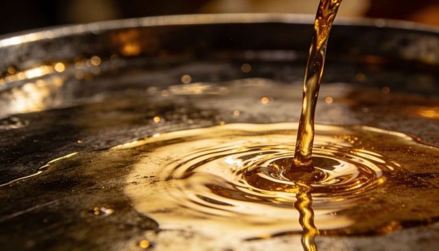 Pouring amber syrup forming glossy ripples viscous flow macro close-up for food texture