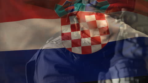 Croatian Flag Overlaying Thoughtful Soldier with Weapon