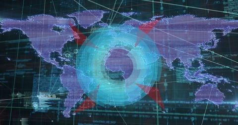 Futuristic radar interface over global map with connectivity lines