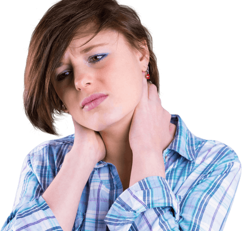 young woman touching neck while showing discomfort, useful for health articles about neck pain, ergonomic advice, or medical brochures about muscle strain.