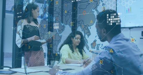 Team Collaborating on Global Strategy with Digital Map Overlay, Analytics and Briefing