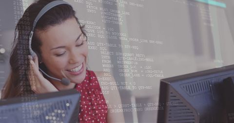 Smiling Businesswoman Using Headset with Overlayed Data Processing Code