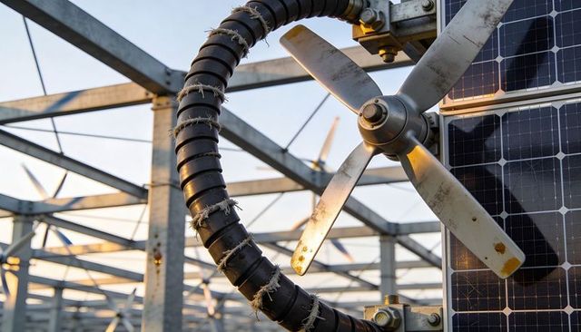 Combining 3-blade propeller with solar panel on hybrid renewable energy farm at sunset