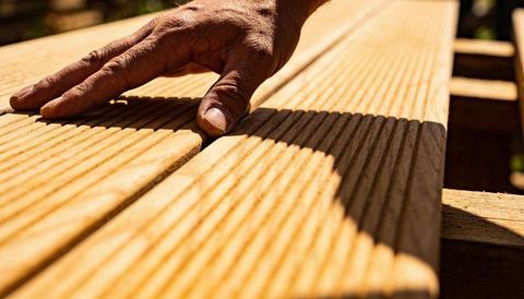 Contractor inspecting grooved decking boards with hand, checking wood grain and alignment