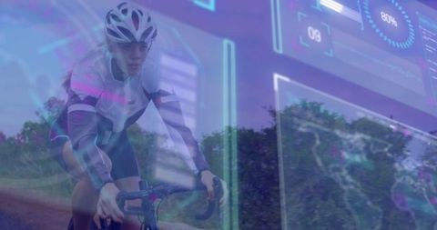 Helmeted Female Cyclist with AR Digital Overlay Innovating Fitness Journey