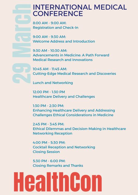 This schedule layout promotes a healthcare conference with a focus on innovation, medical research, networking opportunities, and ethics in medicine. Ideal for medical professionals, health organizations, researchers, and event planners looking for a structured timetable for healthcare events.