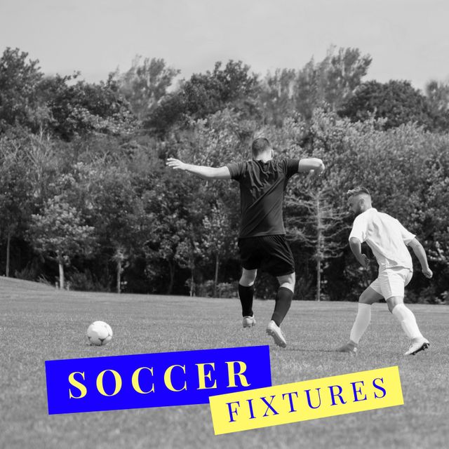 Square image of soccer fixtures over caucasian male players in black and white. Soccer, training, competition and sport concept.
