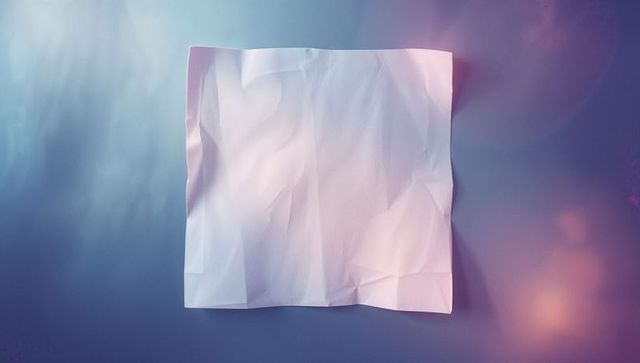 Crumpled white paper on gradient background with lens flare