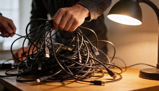 Hands untangling tangled black usb cables on wooden desk under warm lamp light for tech repair