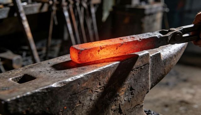 Forging glowing steel billet on worn anvil with tongs in blacksmith workshop