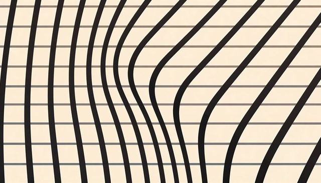 Curved black bands flowing across cream-beige panel with light-gray grid pattern