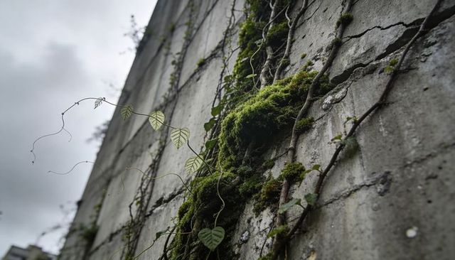 Moss and vines clinging to weathered concrete wall, lichen-covered damp urban surface