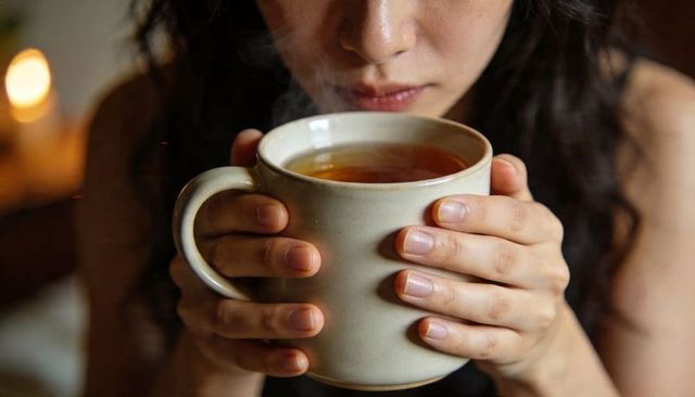 Woman cradling steaming mug of tea for cozy morning ritual and mindful evening relaxation