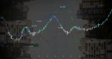Stock market graph overlay on city skyline with analytical data