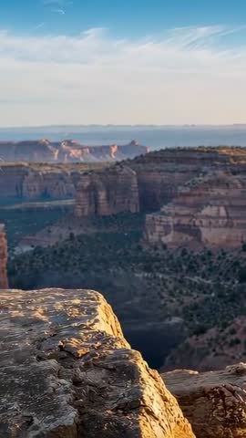 Vertical video revealing expansive canyon vista with cat peeking from sunlit cliff rim