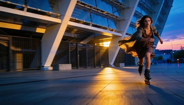 Twilight urban skate motion: woman gliding on roller skates across modern plaza