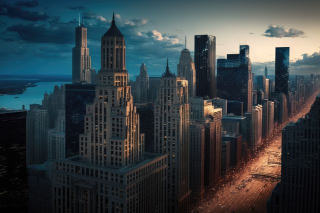 This image showcases a cityscape dominated by tall skyscrapers as twilight sets in. The streets are brightly illuminated, creating a warm contrast to the darker buildings. Ideal for use in urban planning presentations, travel brochures, city development campaigns, or as a backdrop in multimedia projects highlighting modern city living or nightlife.