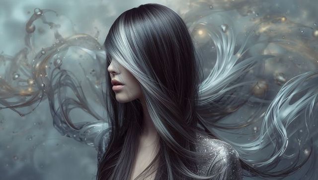 Ethereal silver-haired woman gazing amid swirling ribbons, droplets, dreamlike portrait