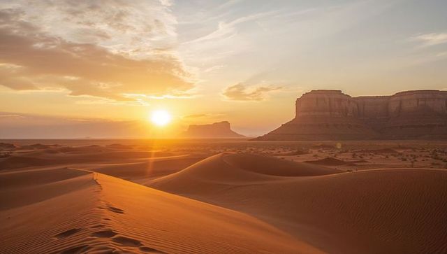 Sunrise illuminating sand dune ridge with footprints leading across golden mesas