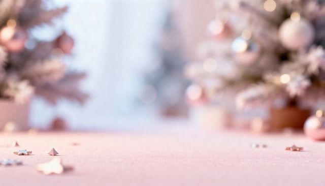 Pastel pink holiday tabletop with frosted mini trees, star confetti and bokeh lights scene