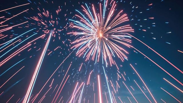 Vibrant fireworks burst brightly filling night sky with color