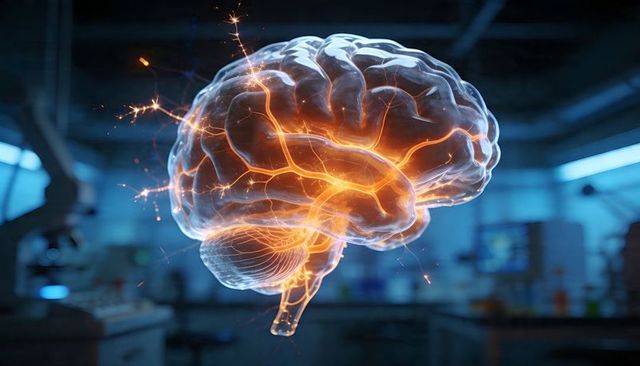 Translucent Floating Brain with Pulsing Orange Neural Pathways in Futuristic Lab AI Concept