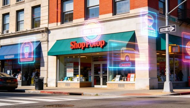 Shopprop storefront on city corner with green awning, red signage and holographic ar icons