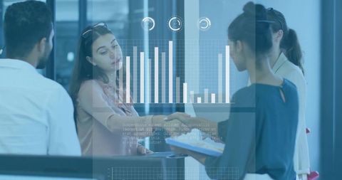 Business team presenting data on glass display with holographic bar chart and tablet