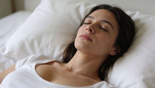 Young woman resting on white pillow wearing scoop-neck t-shirt, peaceful sleep portrait