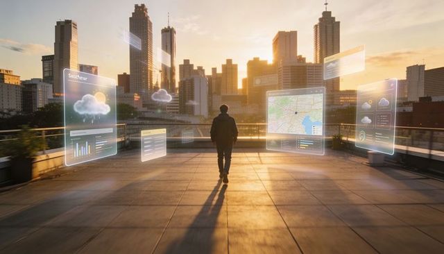 Solitary man walking rooftop at sunset with holographic ar dashboards over city skyline