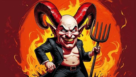 Horned satan with pitchfork amid fiery blaze in dark fantasy style