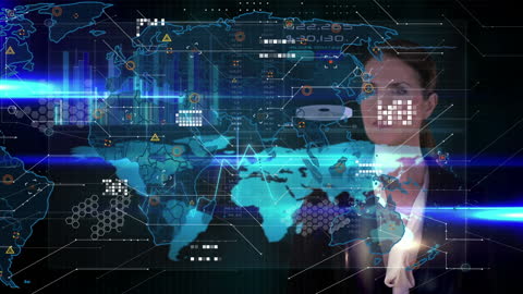 Digital Interface with Businesswoman Contemplating Global Data