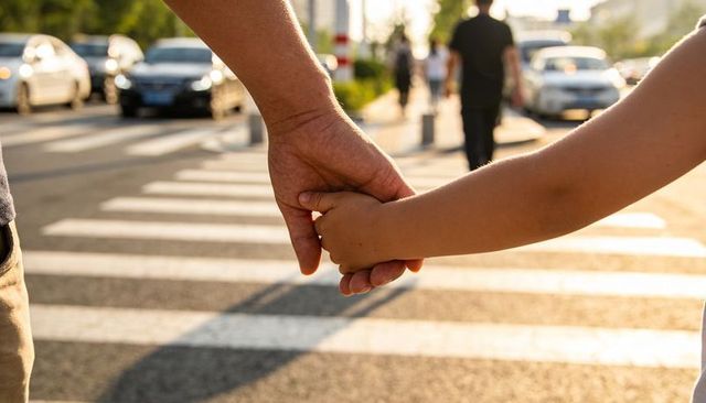 Parent and child holding hands crossing sunlit urban crosswalk at golden hour, family safety