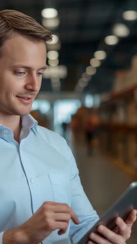 Warehouse manager checking inventory on tablet while worker walking past vertical video