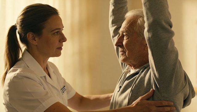 Nurse assisting senior man with arm stretching for mobility and rehabilitation care