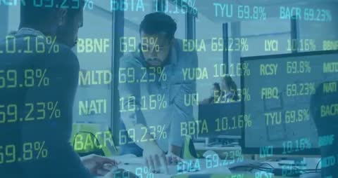 Businessmen Analyzing Financial Trends with Digital Data Overlay