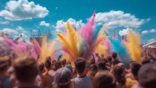 Vibrant festival crowd tossing colored powders outdoors