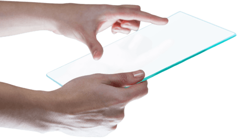 Hands interacting with invisible transparent tablet concept