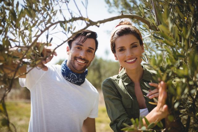 This image shows a happy couple standing outdoors at a farm, holding branches of an olive tree. The sunny day and rural setting suggest a connection with nature and agriculture. This image can be used for promoting rural tourism, agricultural activities, or lifestyle blogs focusing on outdoor living and nature. It is also suitable for advertisements related to farming, eco-friendly products, or romantic getaways.