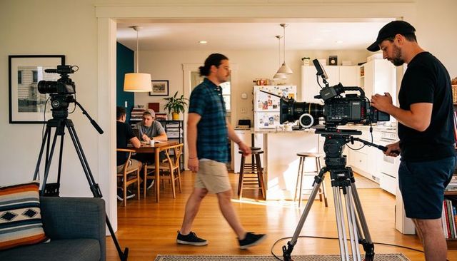 Film crew shooting in sunlit home kitchen and dining with professional cinema cameras