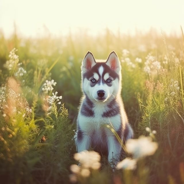 Siberian Husky puppy sitting in a sunlit field surrounded by wildflowers, creating a peaceful and heartwarming scene. Ideal for use in pet care advertisements, nature posters, or as a charming addition to any nature or animal-themed project.