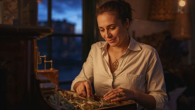 Counting cash at vintage register in cozy boutique at dusk