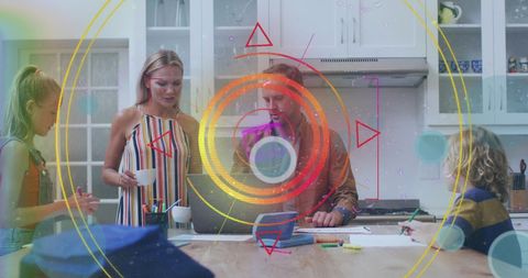 Caucasian Family Together in Kitchen with Digital Overlay