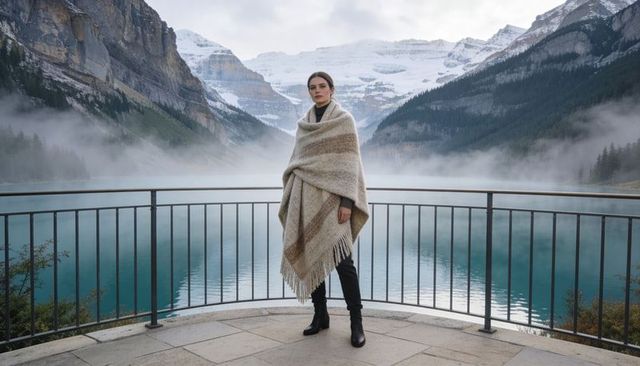 Woman wrapped in wool shawl standing on lakeside terrace with snowy mountains and mist