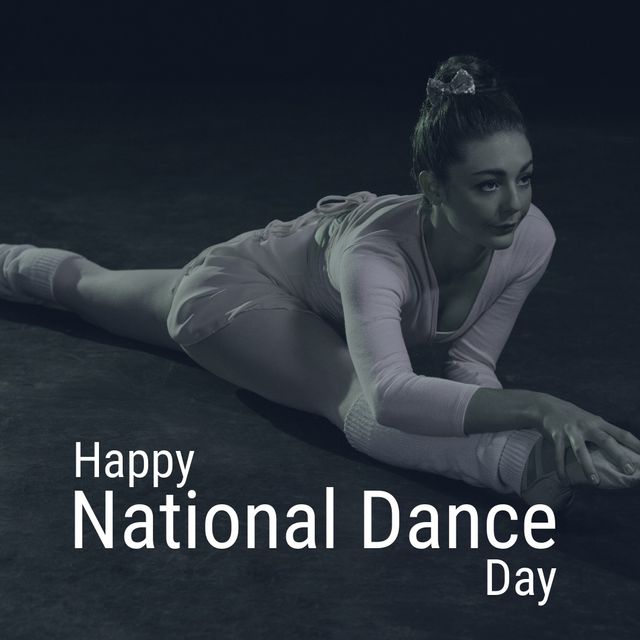 Ballerina engaging in an intense stretching session commemorating National Dance Day. This image can be used for dance school promotions, ballet class advertisements, National Dance Day social media posts, and articles celebrating dance art form.