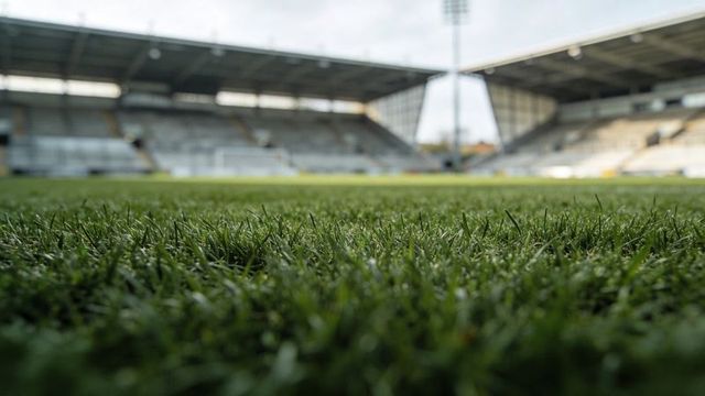 Low-angle close-up showing lush green football pitch grass and empty stadium stands