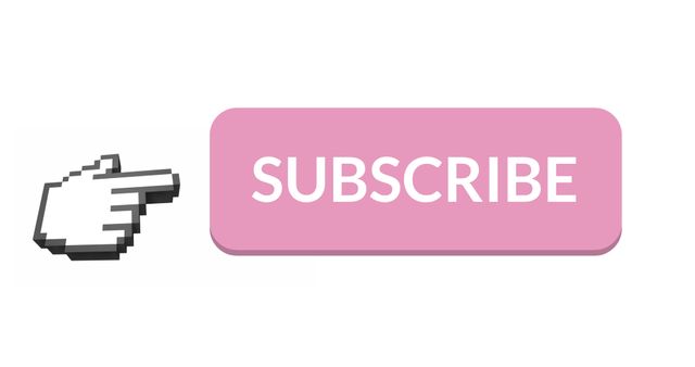 Vector illustration showing a pink subscribe button with pixelated hand symbol pointing at it. Suitable for use in web design, browsing interfaces, online marketing promotions, or social media campaigns. Ideal for visually directing users to subscribe or follow digital content.