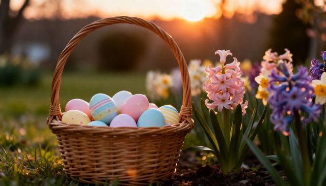 Wicker basket holding pastel easter eggs at sunset among hyacinths and daffodils