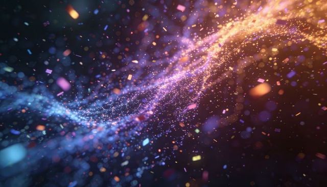 Flowing Multicolor Particle Ribbon Through Dark Void with Neon Glow and Confetti Bokeh