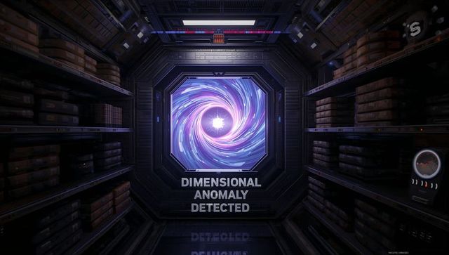 Glowing swirling purple wormhole through octagonal spacecraft viewport in cargo corridor